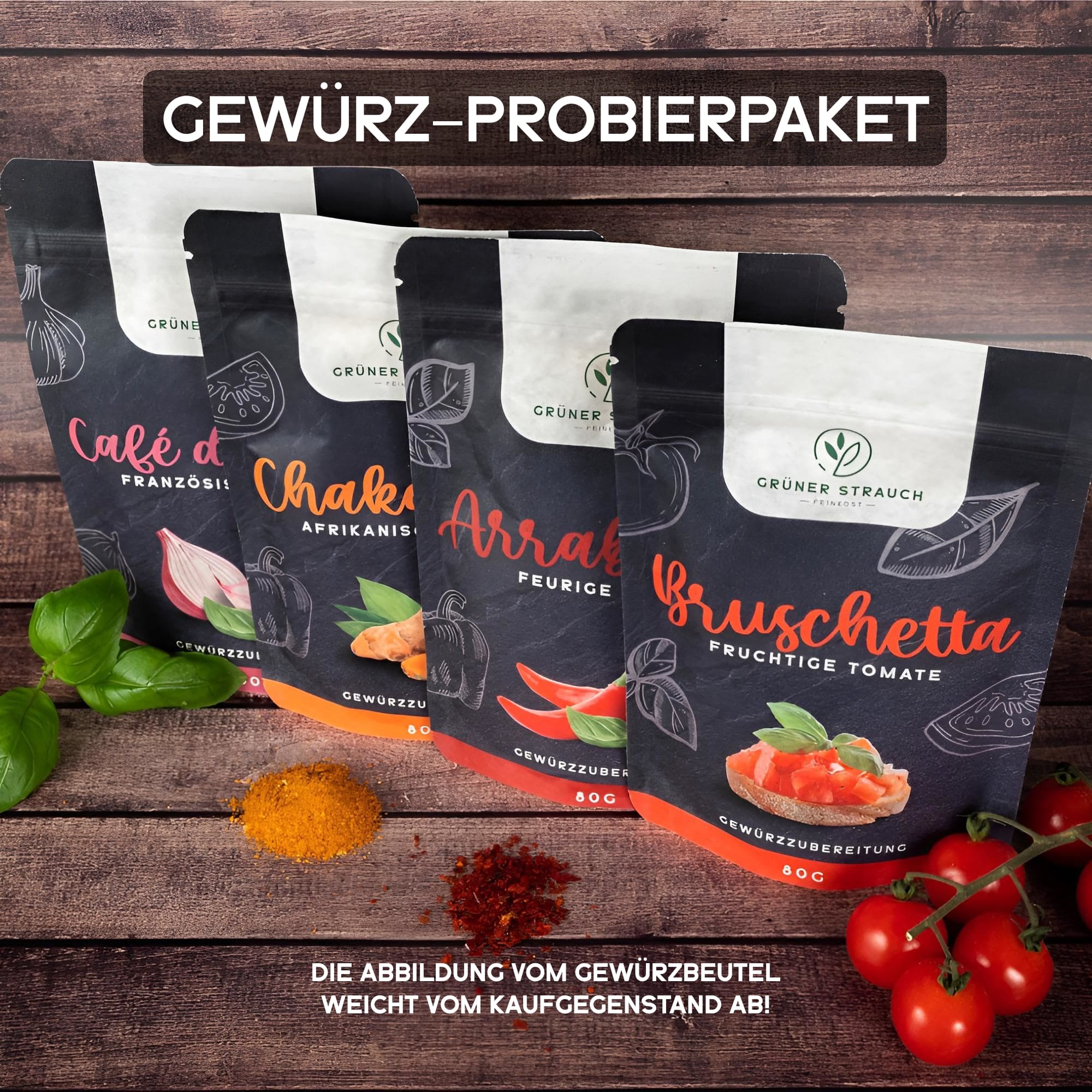 Gewürz-Probierpaket mit Bruschetta, Arrabiata, Chakalaka und Cafe de Paris